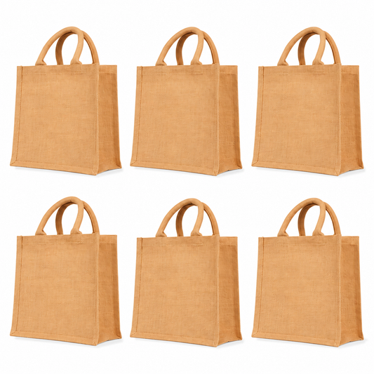Pack of 6 , 10x10x4 Jucobee Natural Jute Burlap Tote Bags with Handles Reusable Shopping Grocery Gift Bags