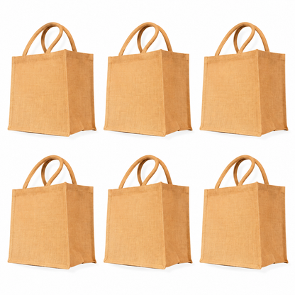 Pack of 6 , 12x12x8 Jucobee Burlap Jute Tote Bags with Gusseted Base Sturdy Handles Reusable Shopping Grocery Bags