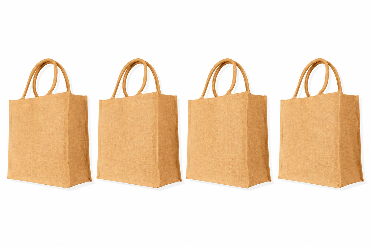 Pack of 4 , 18x16x7 Jucobee Natural Burlap Jute Tote Bags with Round Tube Handles Reusable Shopping Gift Bags