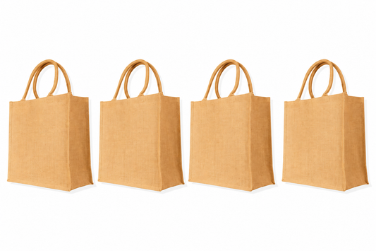 Pack of 4 , 18x16x7 Jucobee Natural Burlap Jute Tote Bags with Round Tube Handles Reusable Shopping Gift Bags