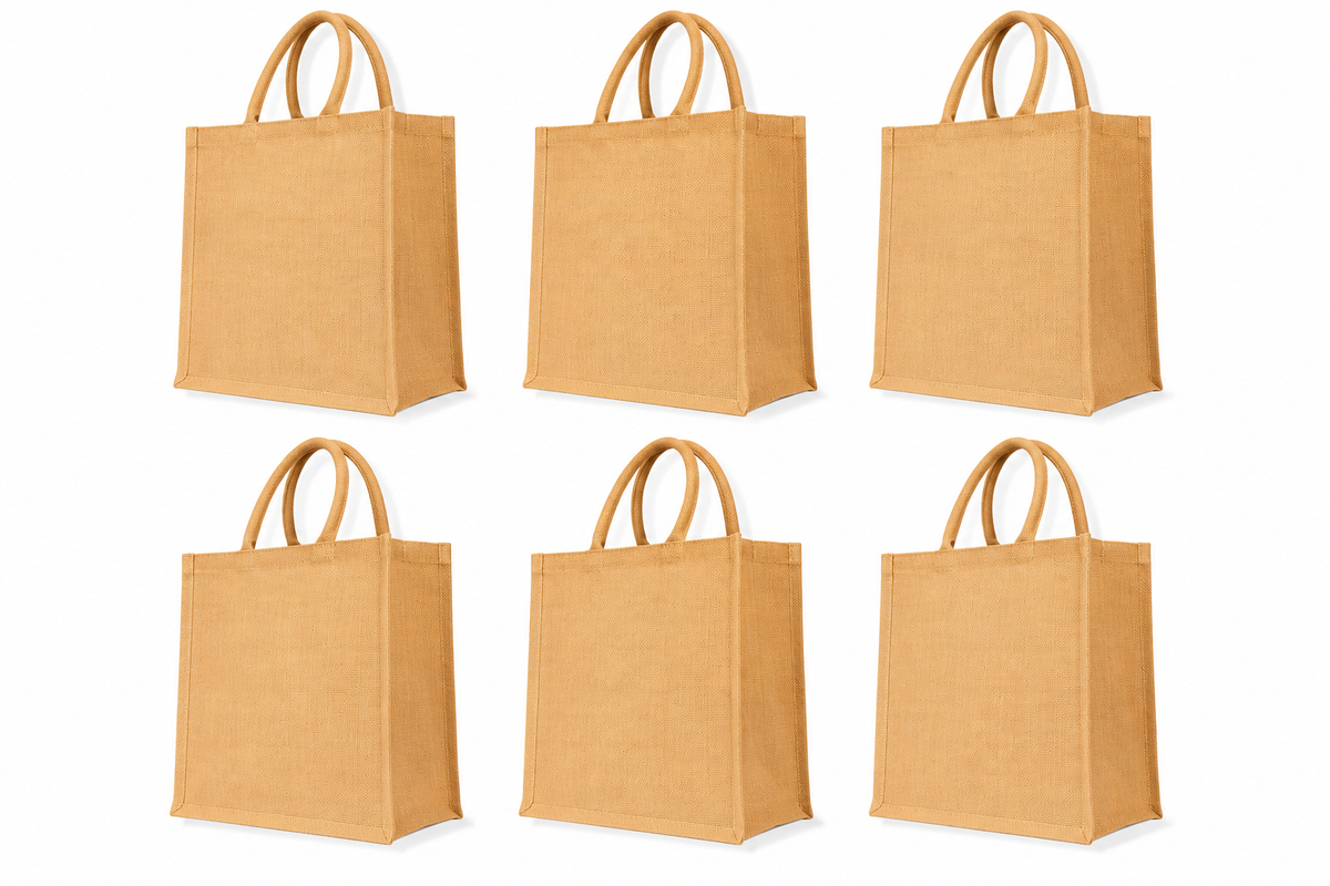 Pack of 6 , 14x12x6 Jucobee Natural Burlap Jute Tote Bags with Laminated Interior Round Tube Handles Reusable Craft Bags