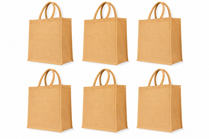 Pack of 6 , 14x12x6 Jucobee Natural Burlap Jute Tote Bags with Laminated Interior Round Tube Handles Reusable Craft Bags