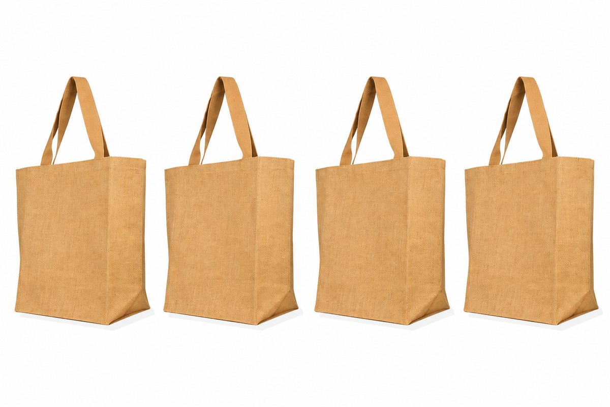 Pack of 4 , 21x18x8 Jucobee Natural Burlap Jute Tote Bags with Strong Handles Reusable Grocery Gift Storage Bags