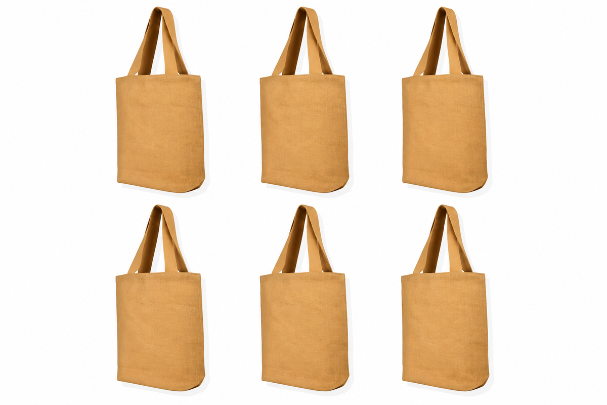Pack of 6 , 16x13x4 Jucobee Natural Burlap Jute Tote Bags with Flat Handles Tassels Reusable Gift Grocery Wedding Travel Bags