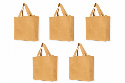 Pack of 5 , 16x16x6 Jucobee Natural Burlap Jute Tote Bags with Flat Handles Reusable Gift Grocery Wedding Beach Carry Bags