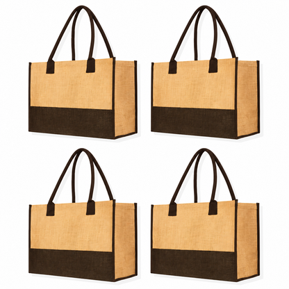 Pack of 4 , 12x16x8 Jucobee Natural Burlap Jute Tote Bags with Round Tube Handles Reusable Gift Grocery Wedding Beach Carry Bags
