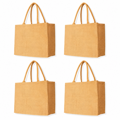 Pack of 4 , 13x16x7 Jucobee Natural Burlap Jute Tote Bags with Sturdy Handles Laminated Interior Reusable Shopping Gift DIY Bags