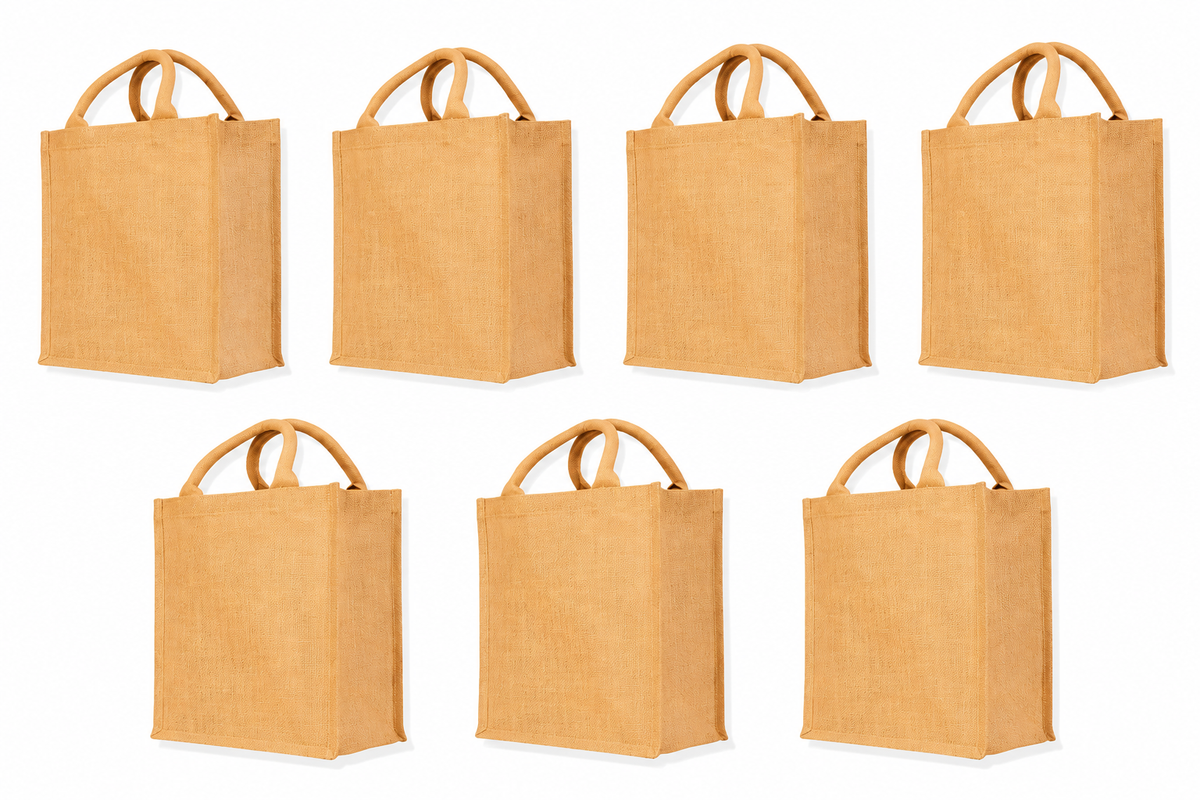 Pack of 7 , 12x10x4 Jucobee Natural Burlap Jute Tote Bags with Round Tube Handles Laminated Interior Reusable Shopping Gift Bags