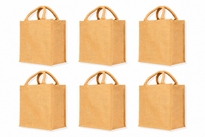 Pack of 6 , 12x10x6 Jucobee Natural Burlap Jute Tote Bags with Round Tube Handles Laminated Interior Reusable Shopping Gift Bags