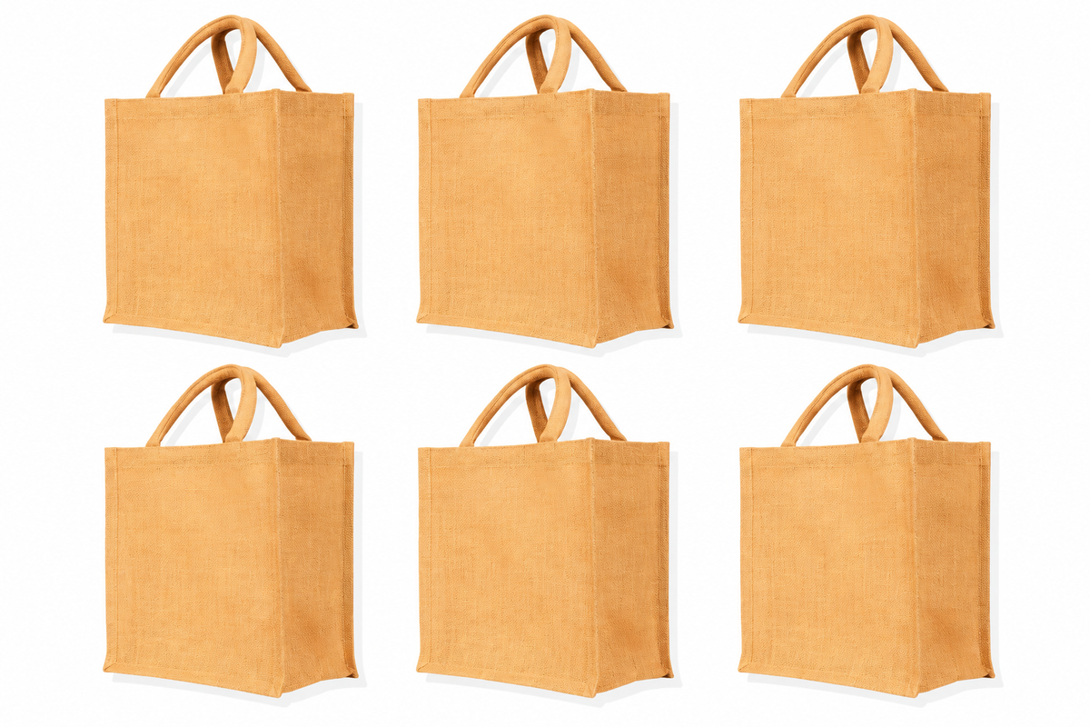 Pack of 6  , 10x9x6 Jucobee Natural Burlap Jute Tote Bags with Round Tube Handles Laminated Interior Reusable Event Gift DIY Bags
