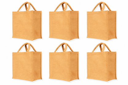 Pack of 6  , 10x9x6 Jucobee Natural Burlap Jute Tote Bags with Round Tube Handles Laminated Interior Reusable Event Gift DIY Bags