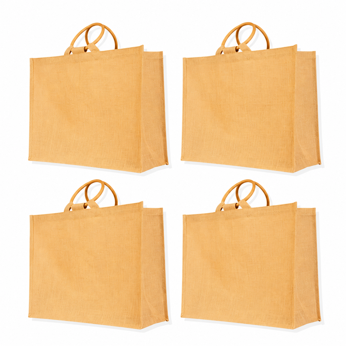Pack of 4 , 15x18x8 Jucobee Natural Burlap Jute Tote Bags with Cane Handles Laminated Interior Reusable Grocery Gift Beach Bags