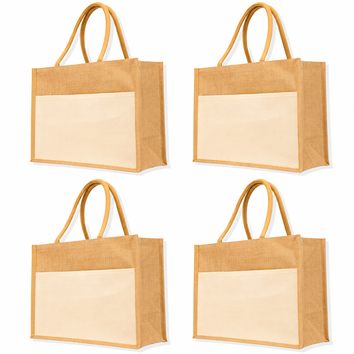 Pack of 4 , 13x16x7 Jucobee Natural Burlap Jute Tote Bags with Tube Handles Pocket Zipper Laminated Interior Reusable Travel Bags