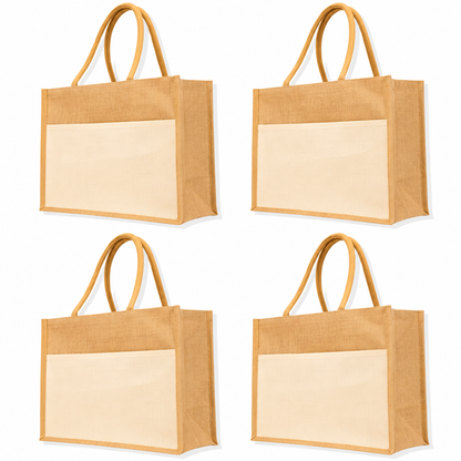 Pack of 4 , 13x16x7 Jucobee Natural Burlap Jute Tote Bags with Tube Handles Pocket Zipper Laminated Interior Reusable Travel Bags