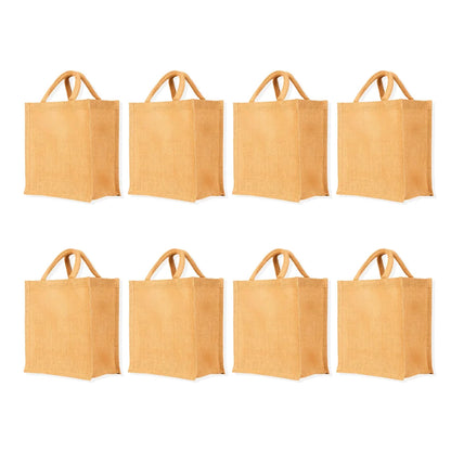 Pack of 8 , 10x9x5 Jucobee Natural Burlap Jute Tote Bags with Soft Tube Handles Reusable Gift Shopping Wedding Beach DIY Bags