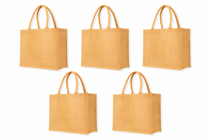 Pack of 5 , 14x16x6 Jucobee Natural Burlap Jute Tote Bags with Sturdy Handles Laminated Interior Reusable Shopping Gift Travel Bags