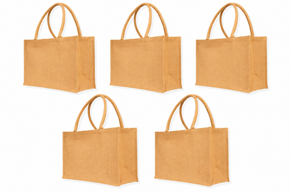 Pack of 5 , 11x16x7 Jucobee Large Natural Burlap Jute Tote Bags with Round Tube Handles Laminated Interior Reusable Shopping Gift Bags