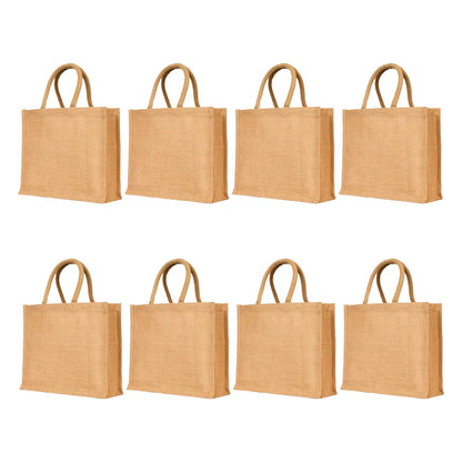 Pack of 8 , 10x12x4 Jucobee Natural Burlap Jute Tote Bags with Sturdy Handles Laminated Interior Reusable Wedding Gift Craft Bags