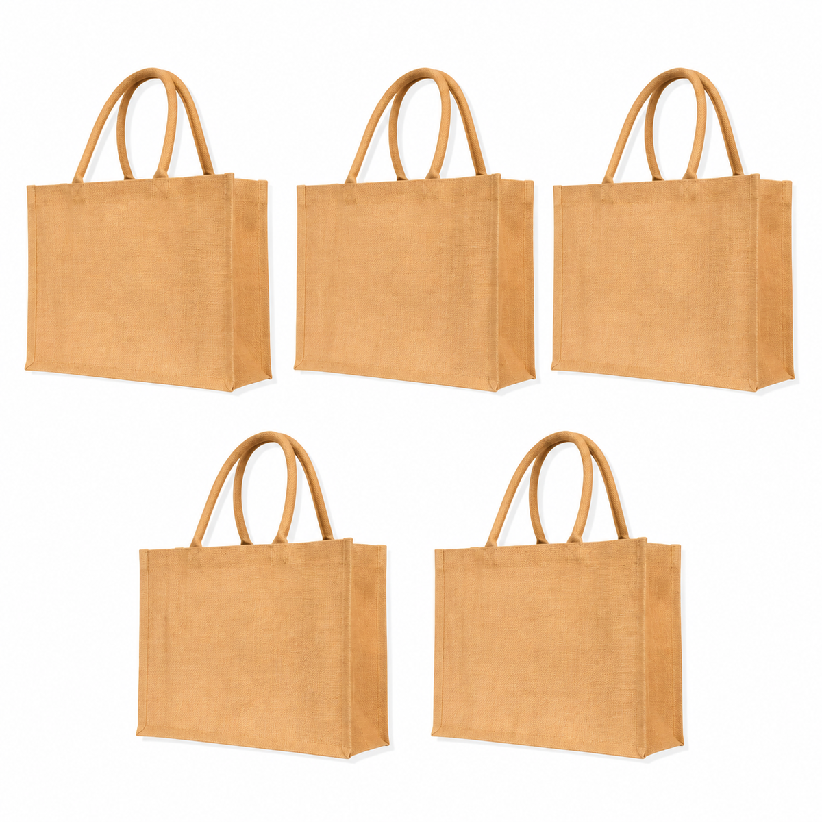 Pack of 5 , 16x16x6 Jucobee Natural Burlap Jute Tote Bags with Round Tube Handles Reinforced Base Reusable Shopping Travel Work Bags