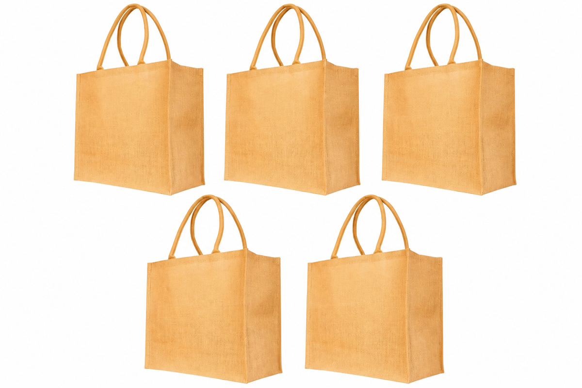 Pack of 5 , 16x16x8 Jucobee Natural Burlap Jute Tote Bags with Round Tube Handles Laminated Interior Reusable Shopping Wedding Gift Bags