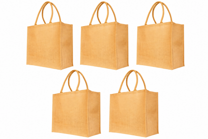 Pack of 5 , 16x16x8 Jucobee Natural Burlap Jute Tote Bags with Round Tube Handles Laminated Interior Reusable Shopping Wedding Gift Bags