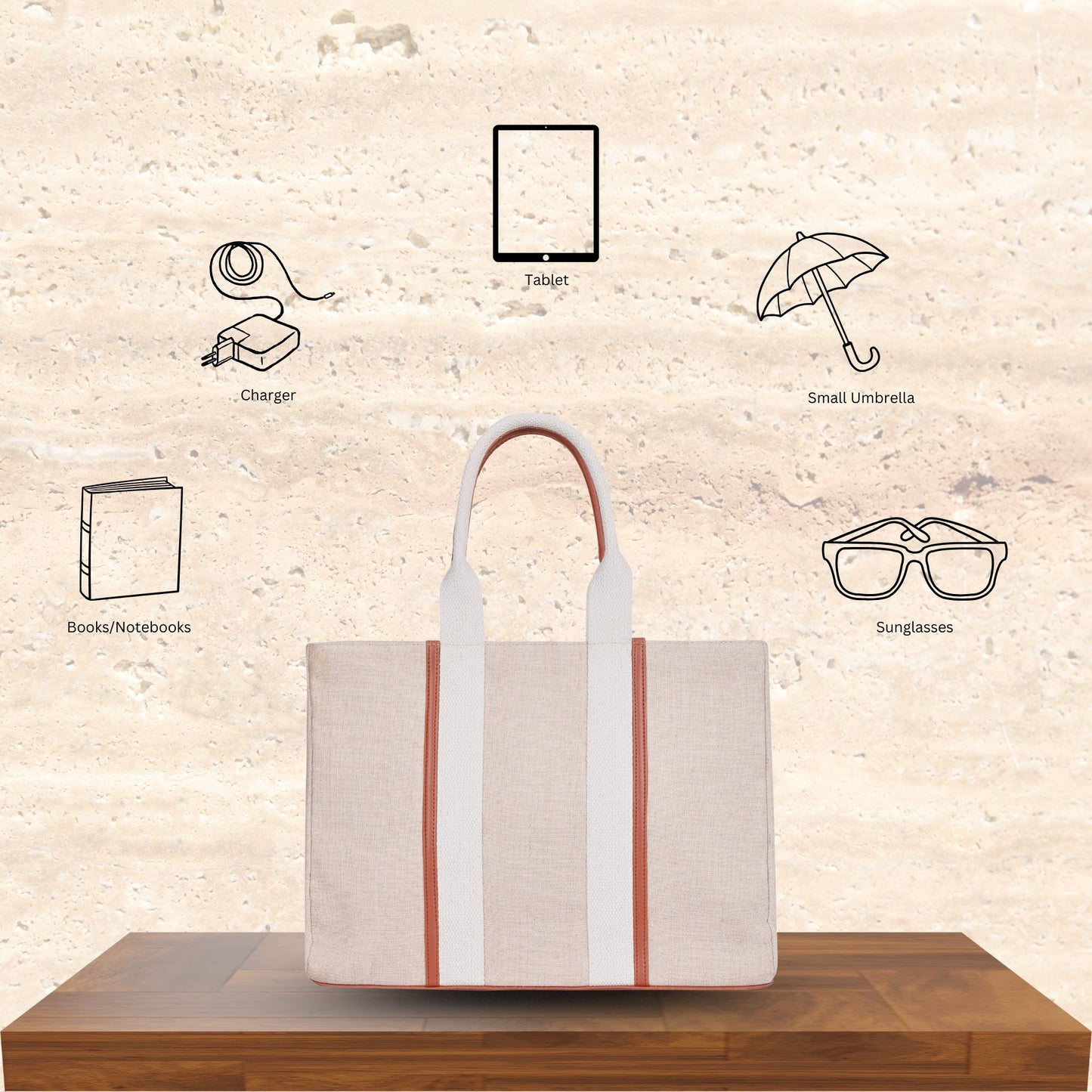 Wholesale  Beige Canvas Tote Handbag  with Zipper in Travel