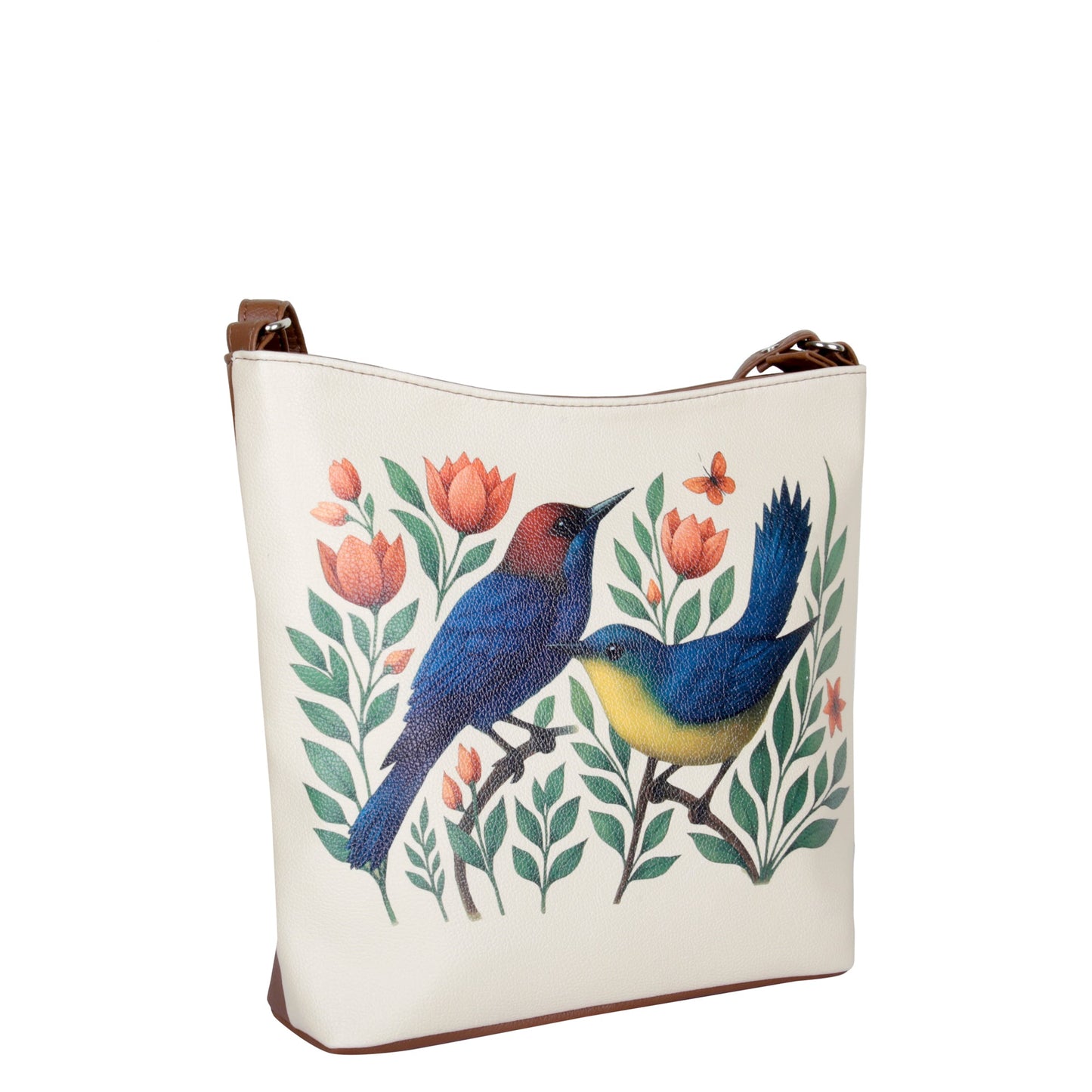 Hand Printed Birds Vegan Leather Crossbody Bag – Adjustable Sling & Over the Shoulder Wholesale Bag for Women – Stylish Handbag & Travel Purse