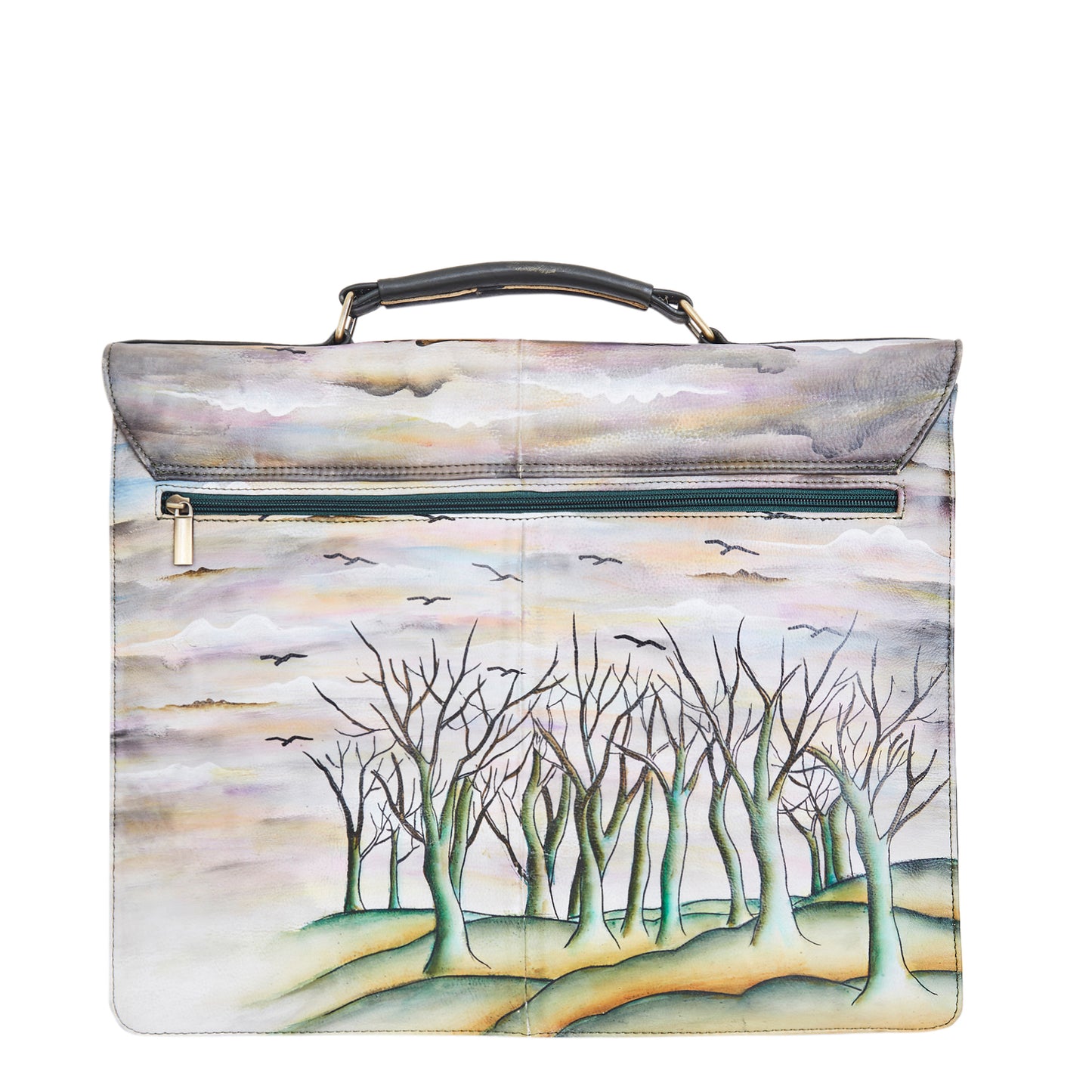 Hand-Painted Leather Briefcase Bag - Birds Design