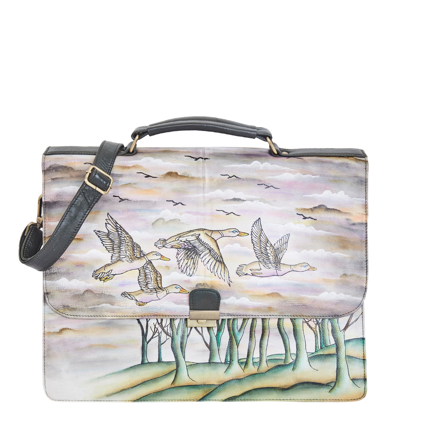 Hand-Painted Leather Briefcase Bag - Birds Design