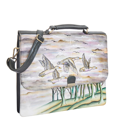 Hand-Painted Leather Briefcase Bag - Birds Design