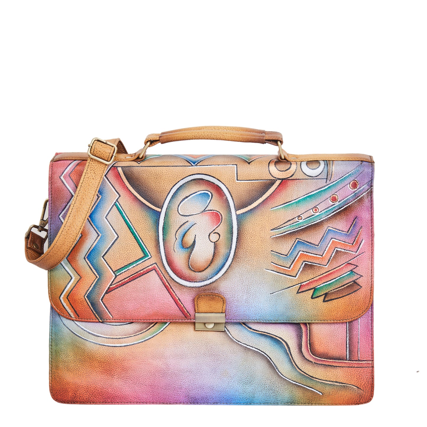 Hand-Painted Leather Briefcase Bag – Bright Abstract Design