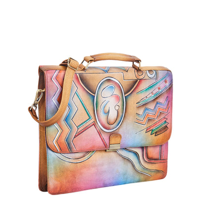 Hand-Painted Leather Briefcase Bag – Bright Abstract Design