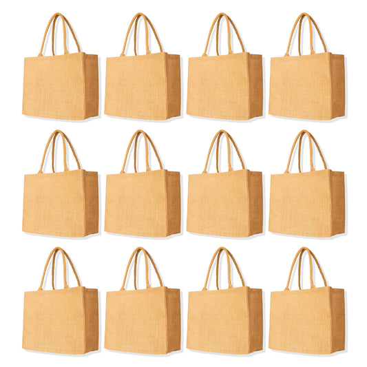 Jute Burlap Tote Bags – Reusable Totes for Shopping, Beach, Weddings, DIY, Gifts & Groceries (Packs of 12)