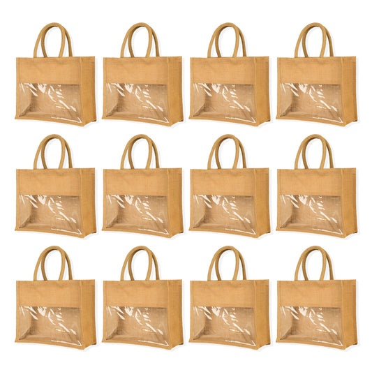 Jute Tote Bags with PVC – Gifts for Events, Weddings, New Year, Christmas, Promotional (Set of 12)