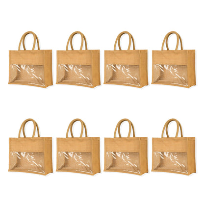 Jute Tote Bags with PVC Window – Wholesale Reusable Bags for Weddings, Christmas Parties & Special Occasions (Set of 8)