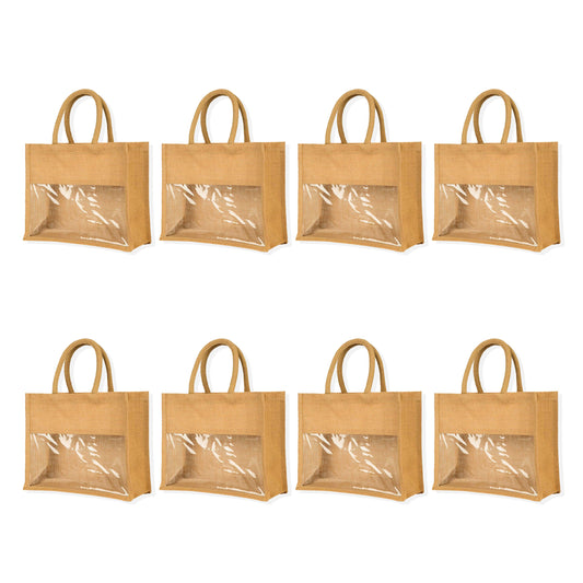 Jute Tote Bags with PVC Window – Reusable Gift Bags for Weddings, Christmas Parties, New Year & Special Occasions (Set of 8)