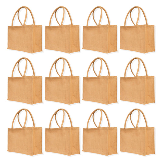 Natural Jute Burlap Tote Shopping Bags – Perfect for Promotional, DIY, Weddings, Beach, and Groceries (Packs of 12)