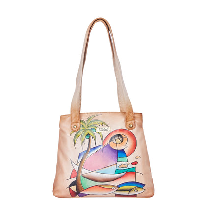 Stylish Hand-Painted Brown Leather Tote Bag