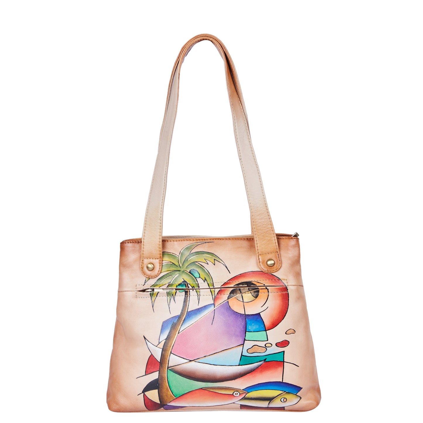 Stylish Hand-Painted Brown Leather Tote Bag