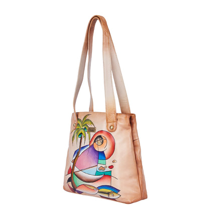 Stylish Hand-Painted Brown Leather Tote Bag