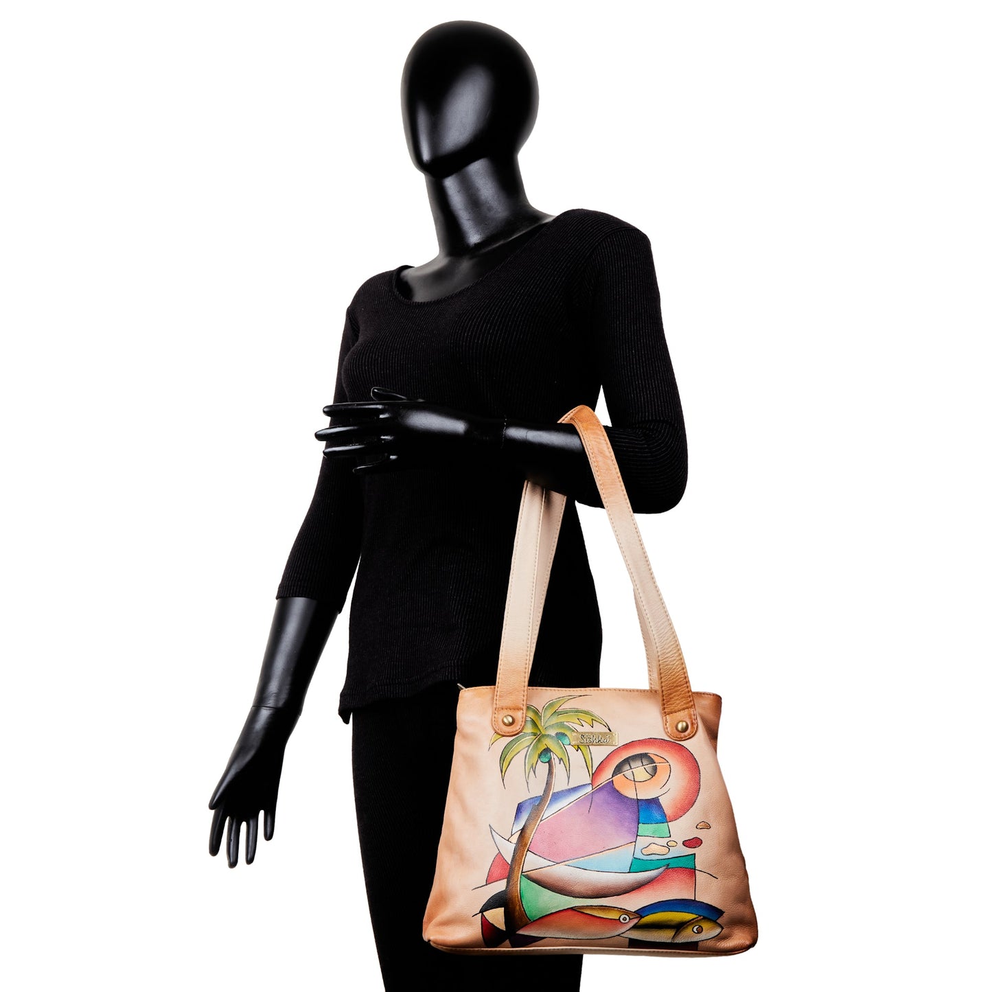 Stylish Hand-Painted Brown Leather Tote Bag