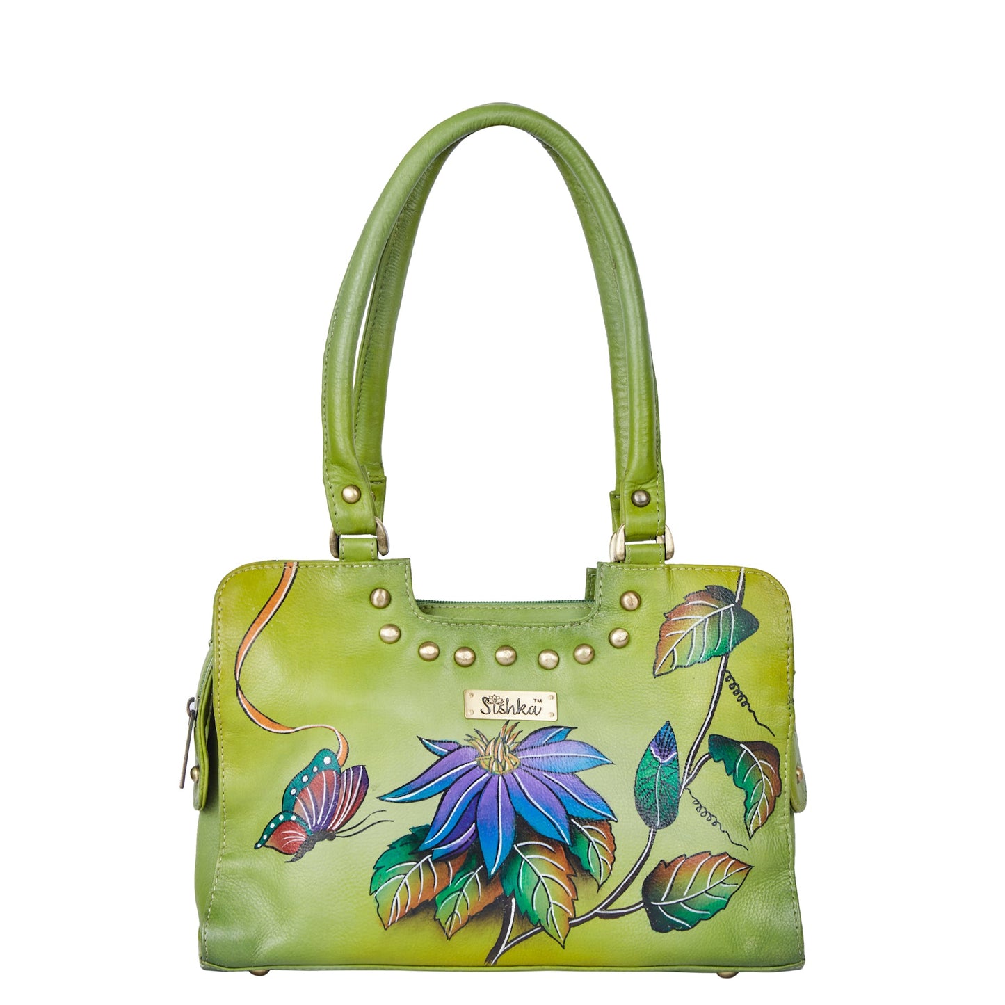 Emerald green floral design hand-painted on a stylish leather bag
