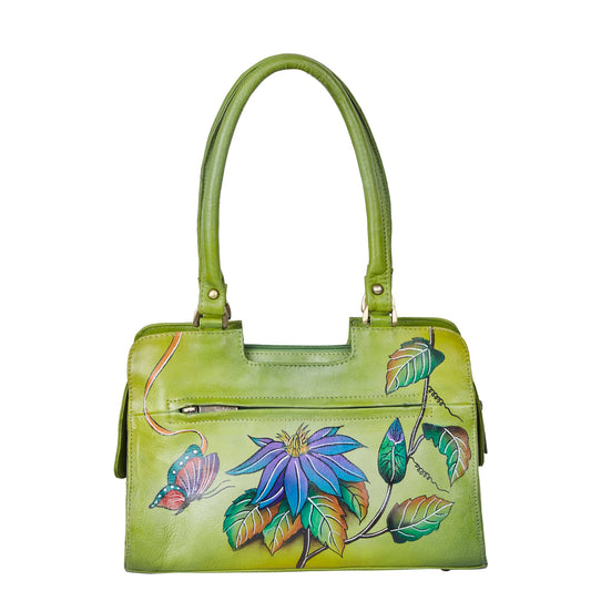 Emerald green floral design hand-painted on a stylish leather bag