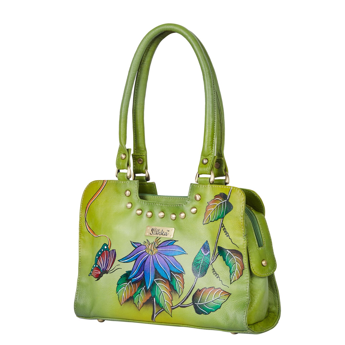 Emerald green floral design hand-painted on a stylish leather bag