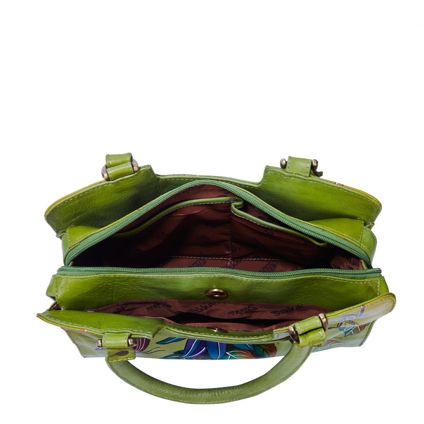 Emerald green floral design hand-painted on a stylish leather bag