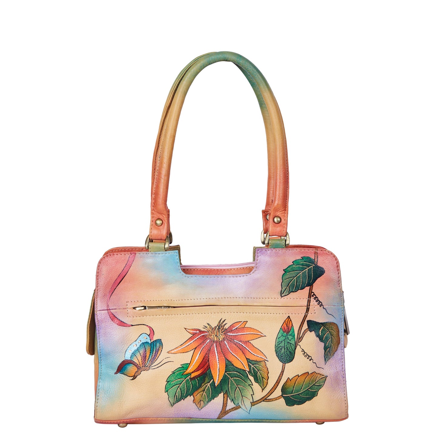 Elegant Hand-Painted Artistry and Amber Floral Design on a Leather Bag