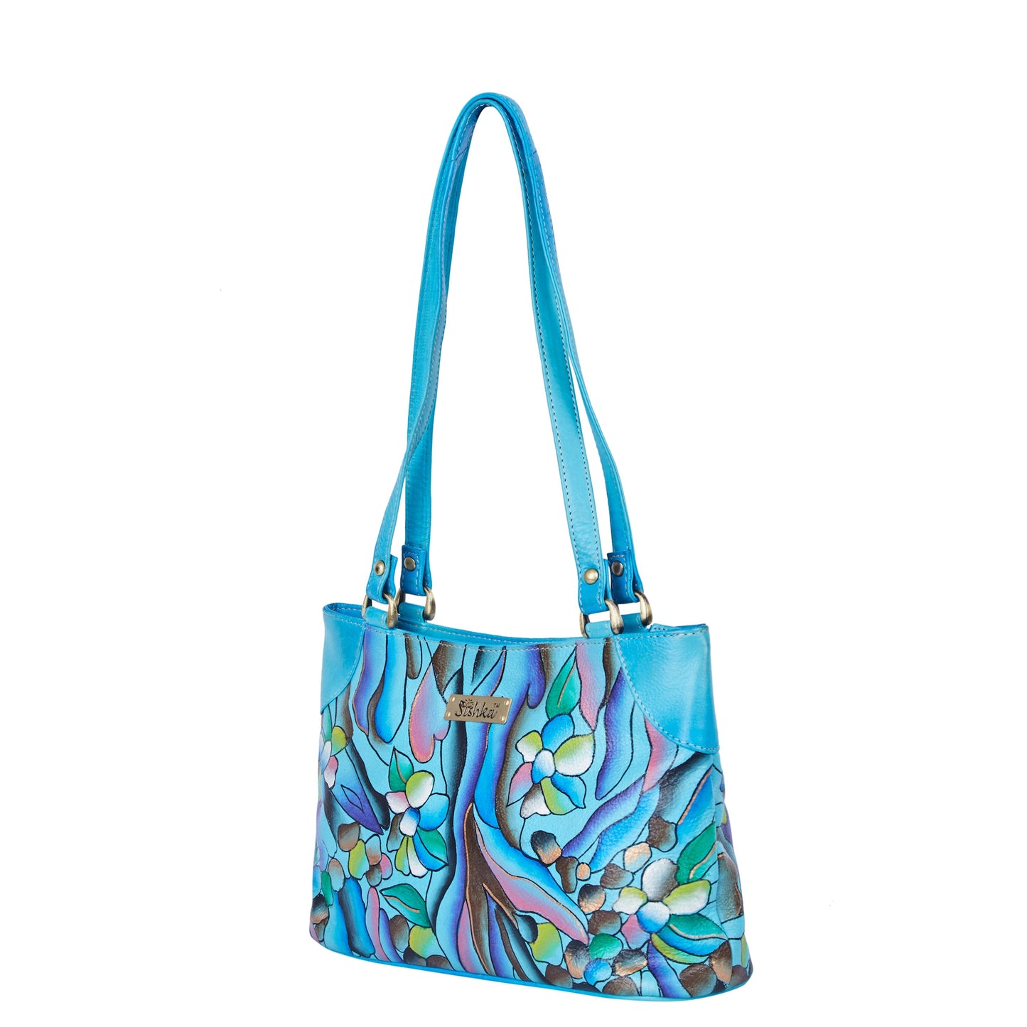 Original Handpainted Abstract Art Aqua Blue Leather Shoulder Bag