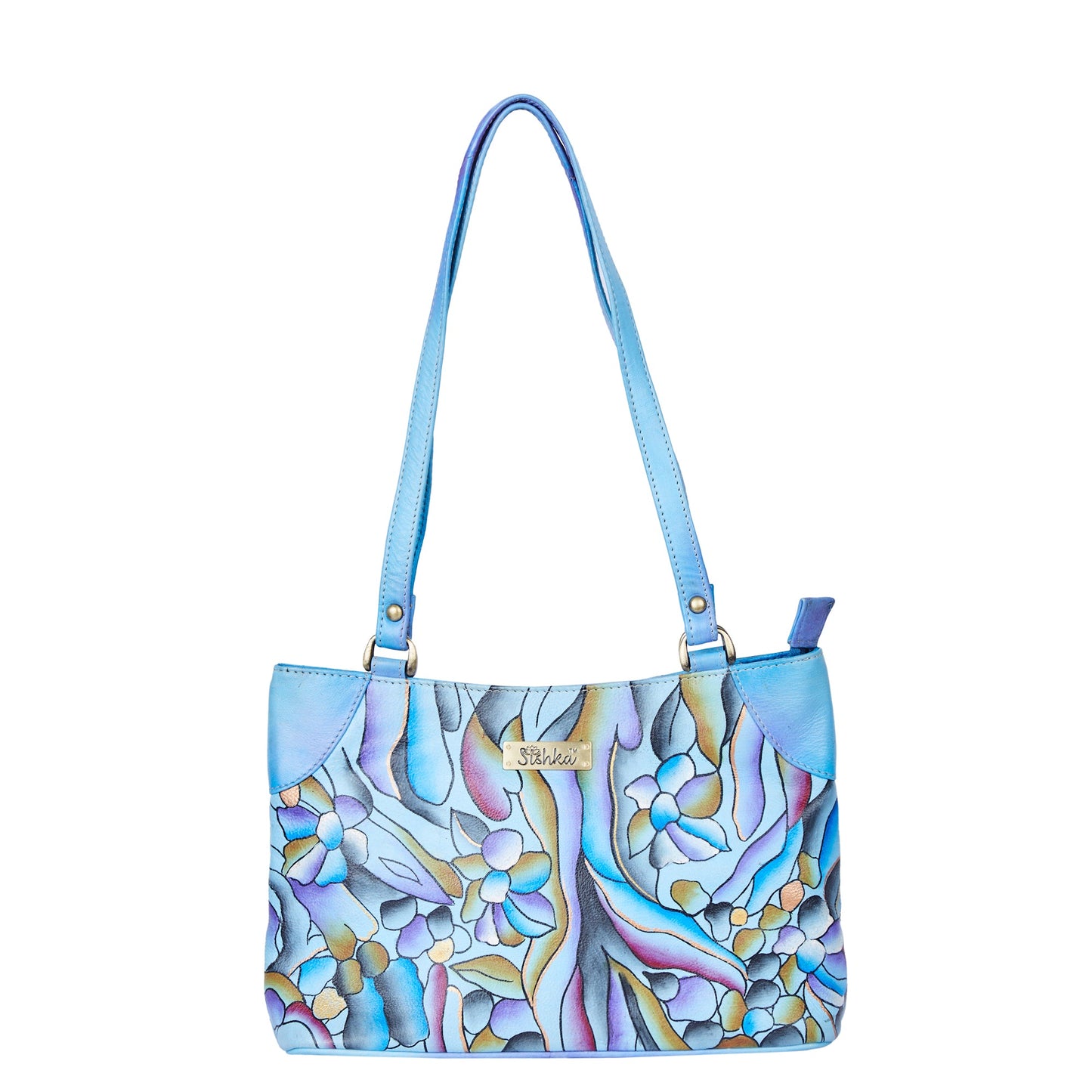 Handpainted Abstract Art Blue Leather Shoulder Bag