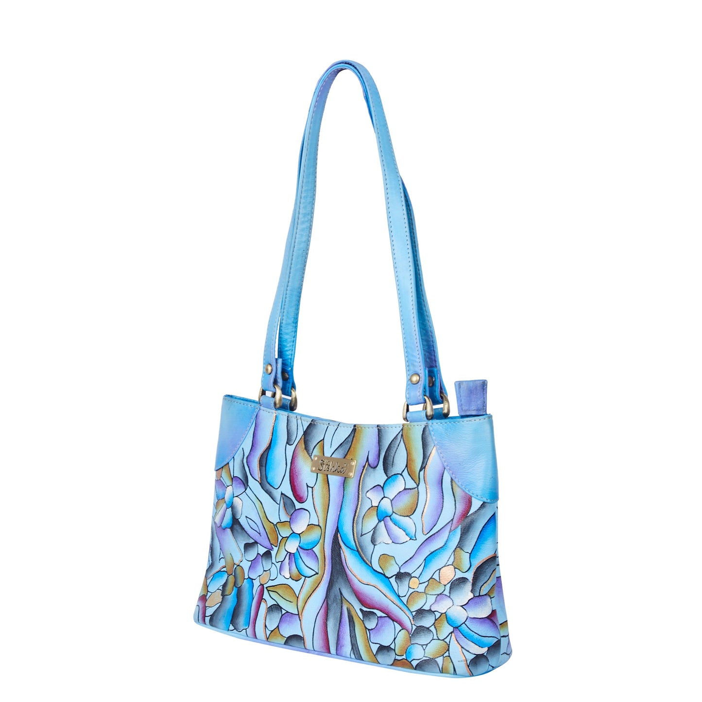 Handpainted Abstract Art Blue Leather Shoulder Bag