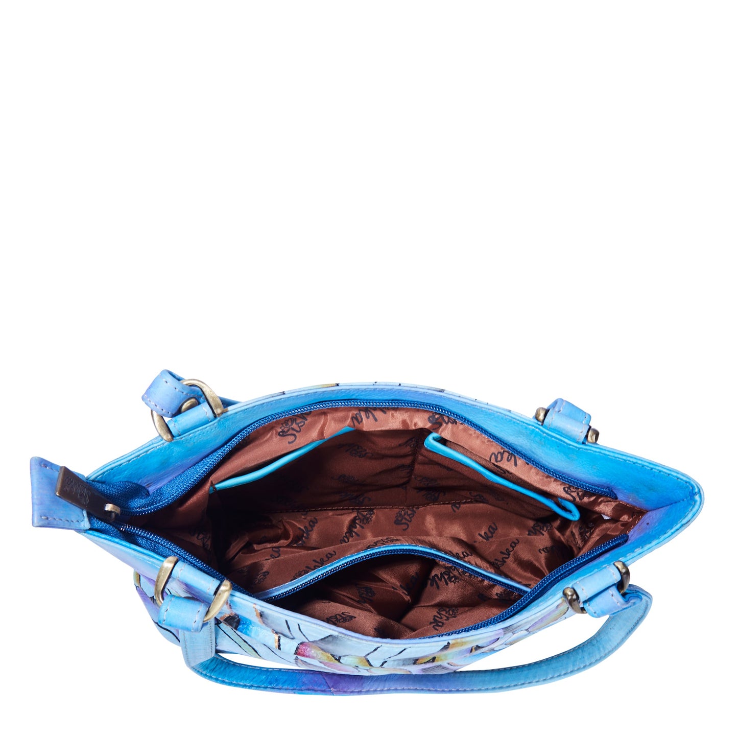 Handpainted Abstract Art Blue Leather Shoulder Bag